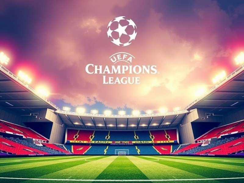 UEFA Champions League trophy on pitch with stadium lights