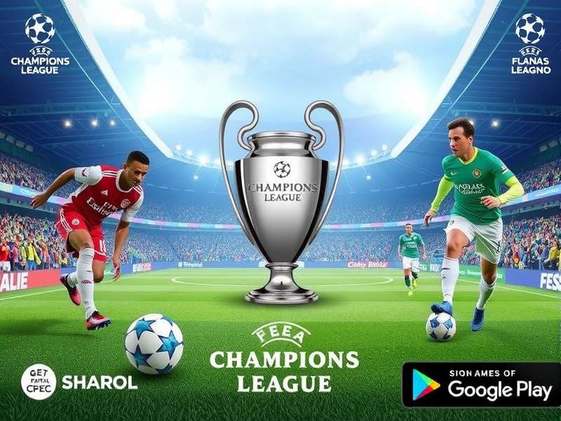 Champions League trophy and football on pitch