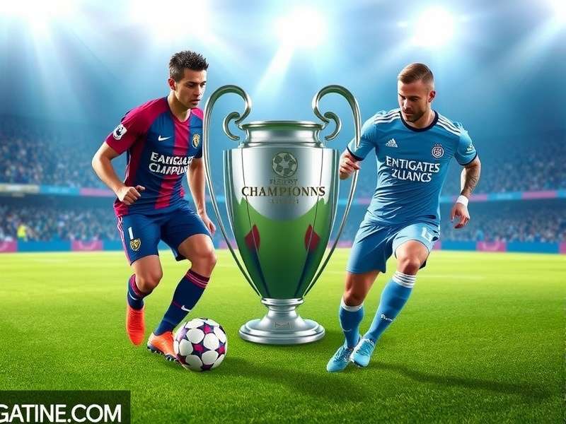 Dynamic action shot from a UEFA Champions League match showing a player striking the ball