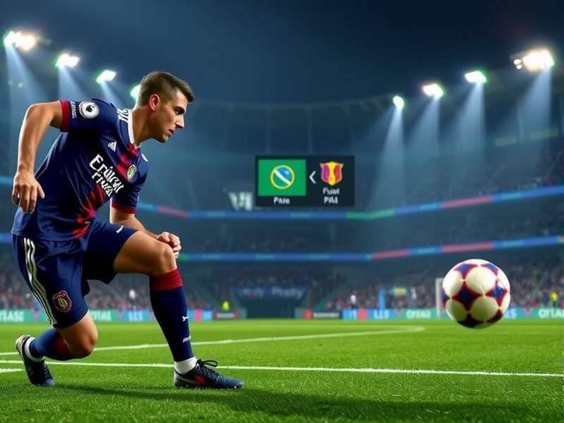 Champions League match action with scoreboard in background