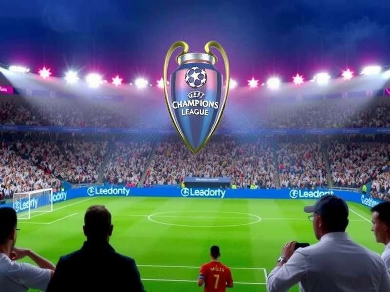 UEFA Champions League trophy on pitch with stadium lights