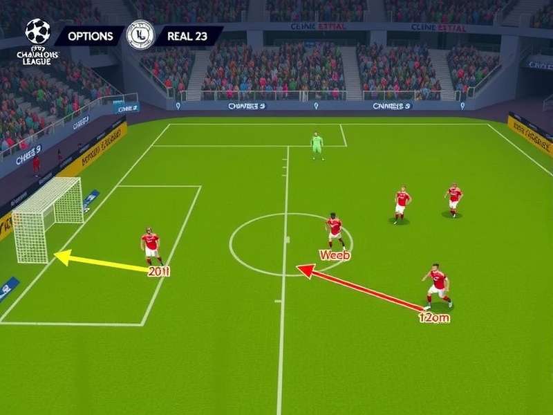 Champions League trophy on pitch with stadium lights