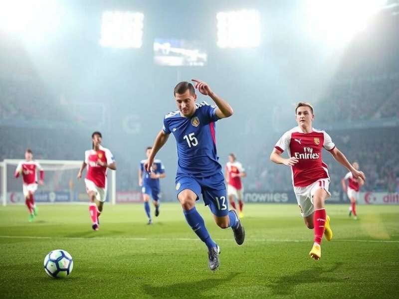 Champions League trophy on field with stadium lights