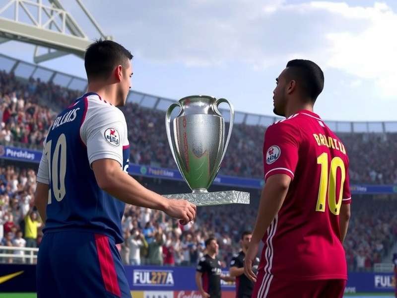 Atmospheric view of a packed football stadium at night with glowing pitch