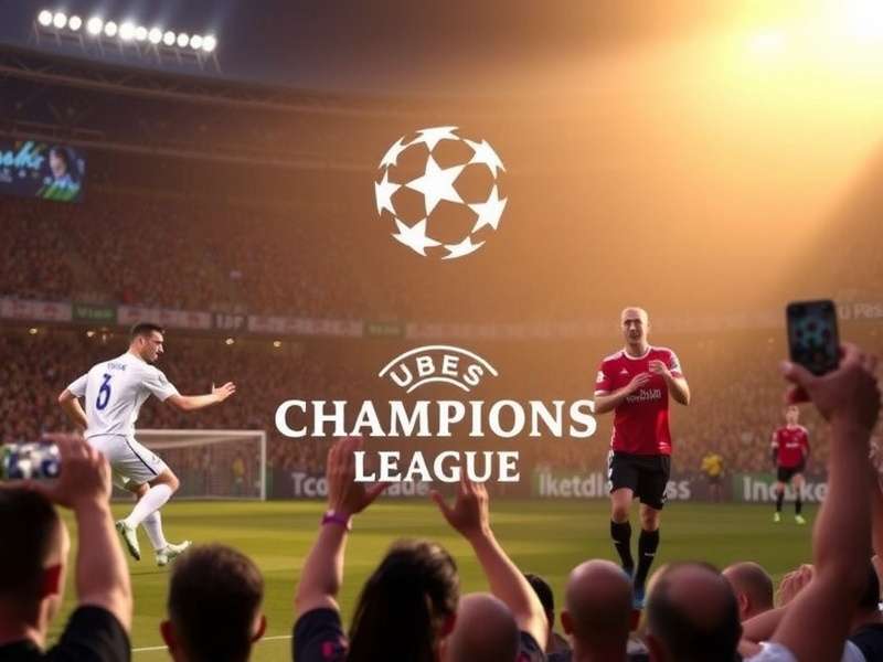 Champions League trophy with stadium in background