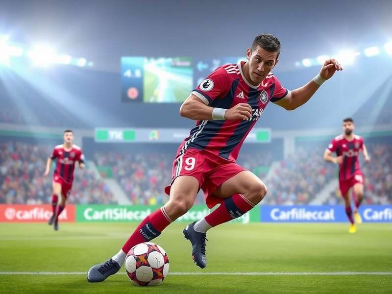 UEFA Champions League trophy glowing under stadium lights with confetti