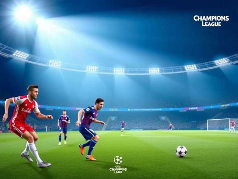 Champions League trophy illuminated under stadium lights with players celebrating