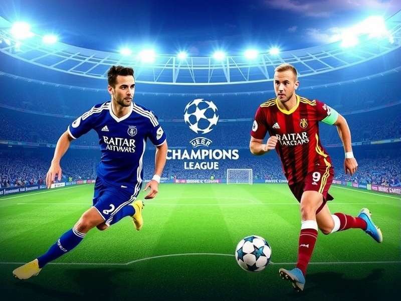 Champions League matchday atmosphere with stadium floodlights and football