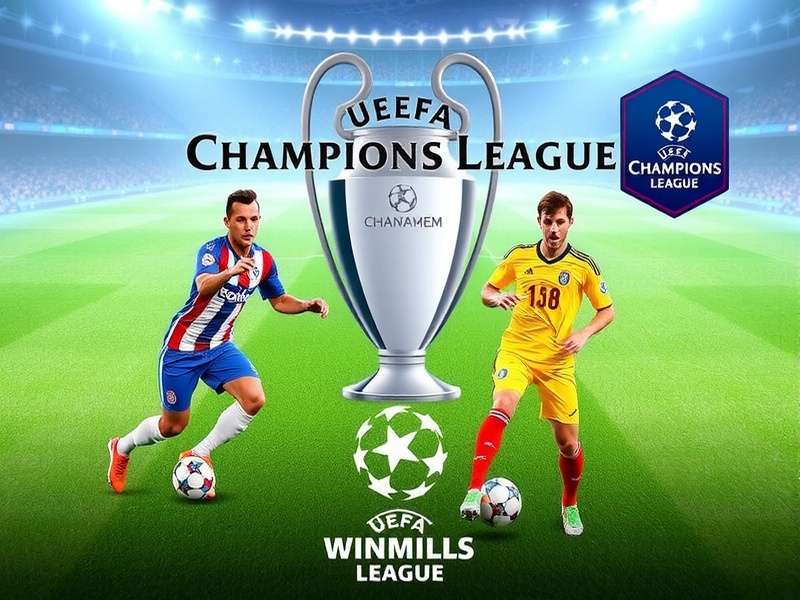 UEFA Champions League trophy illuminated under stadium lights with players celebrating on pitch