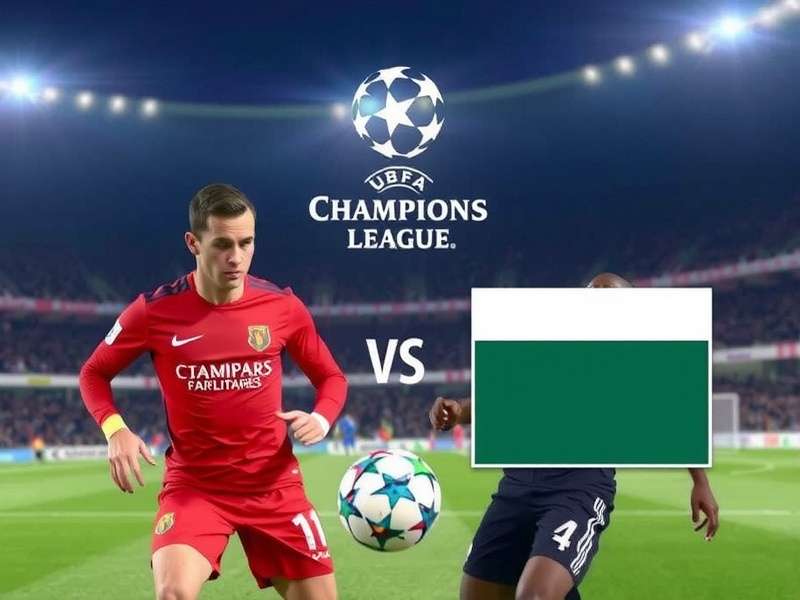 Champions League trophy on the pitch under stadium lights