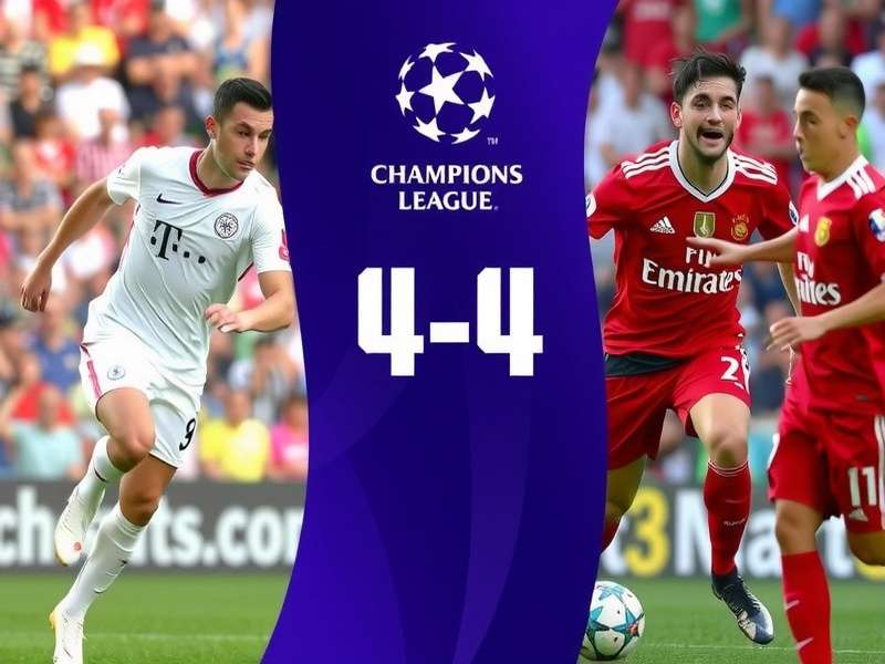 Champions League match action with players competing for the ball under stadium floodlights