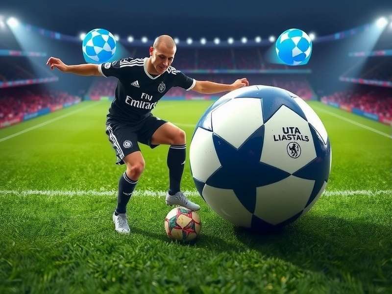 Champions League trophy glowing under stadium lights with fans cheering in the background