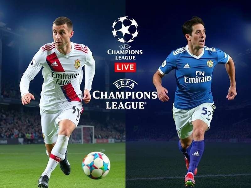 Champions League Tuesday night match under floodlights at a packed stadium