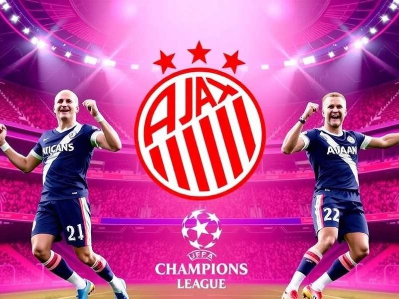 Ajax players celebrating in the Champions League with confetti and trophy lights