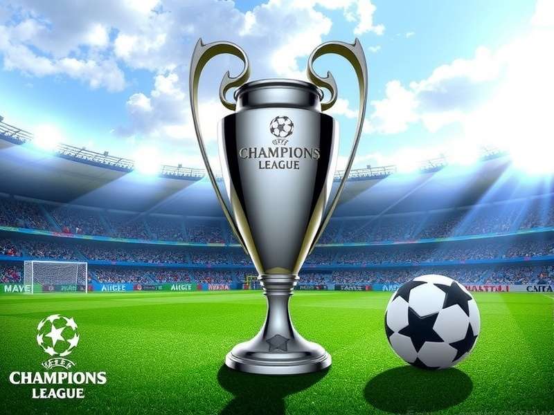 Champions League trophy shining under stadium lights with players celebrating