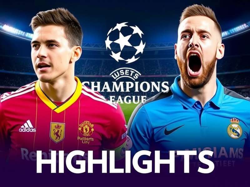 Champions League stadium under floodlights with fans celebrating